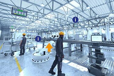 Eine virtuelles Abbild einer Fabrik mit einem Förderband und Robotern.
