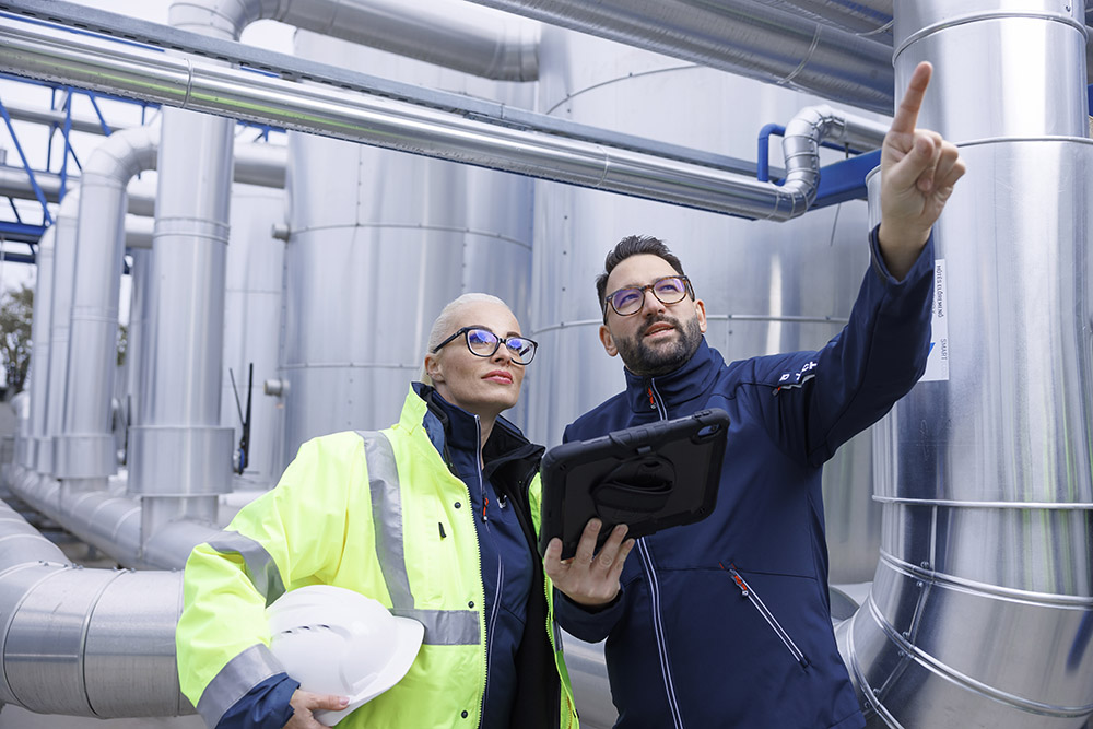 Ein weiblicher und ein männlicher Leadec-Mitarbeiter bei der Inspektion von Rohrleitungen auf einem Fabrikdach.